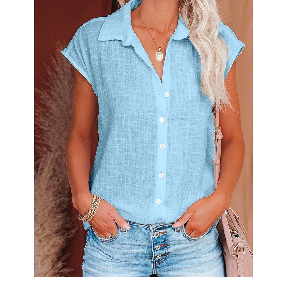 Womens Sleeveless Collared Blouse Casual Button Up Shirt Sz Medium - Picture 2 of 4